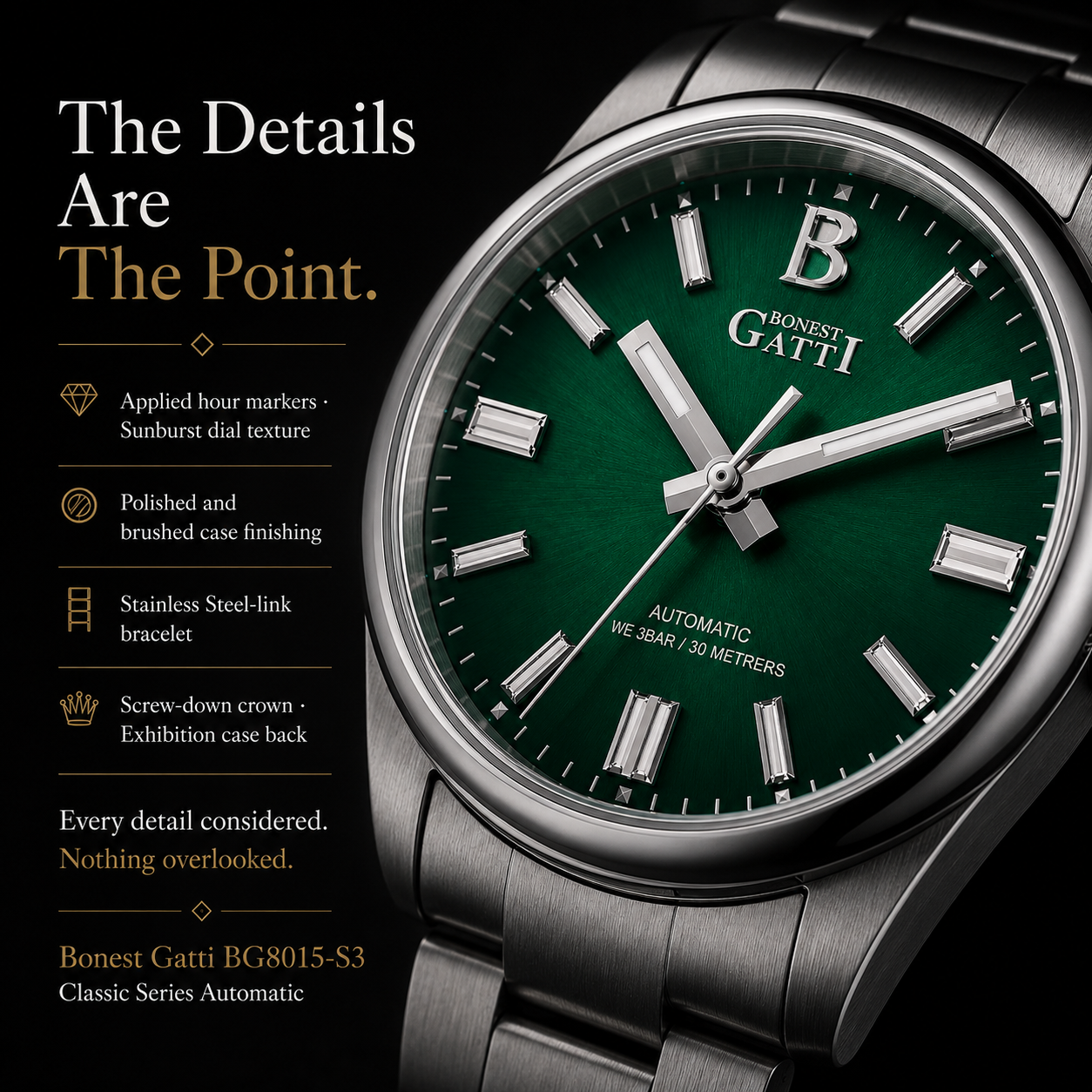 Bonest Gatti BG8015-S3 OP Green Classic Series Automatic Watch