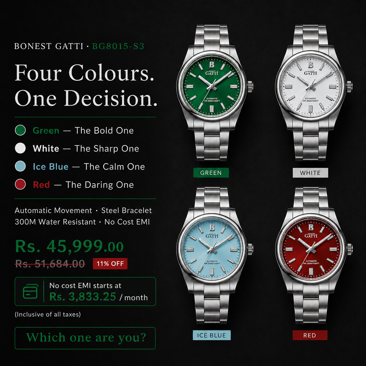 Bonest Gatti BG8015-S3 OP Green Classic Series Automatic Watch